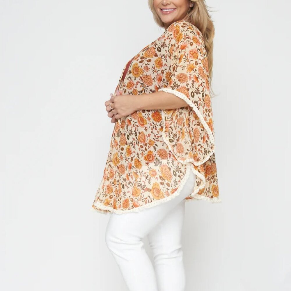 2 Piece Solid Top and Floral Kimono